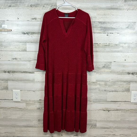 EVA VARRO Midi 3/4 Sleeve Dress V-neck Tiered Stretchy Textured Women’s Large - Picture 1 of 6